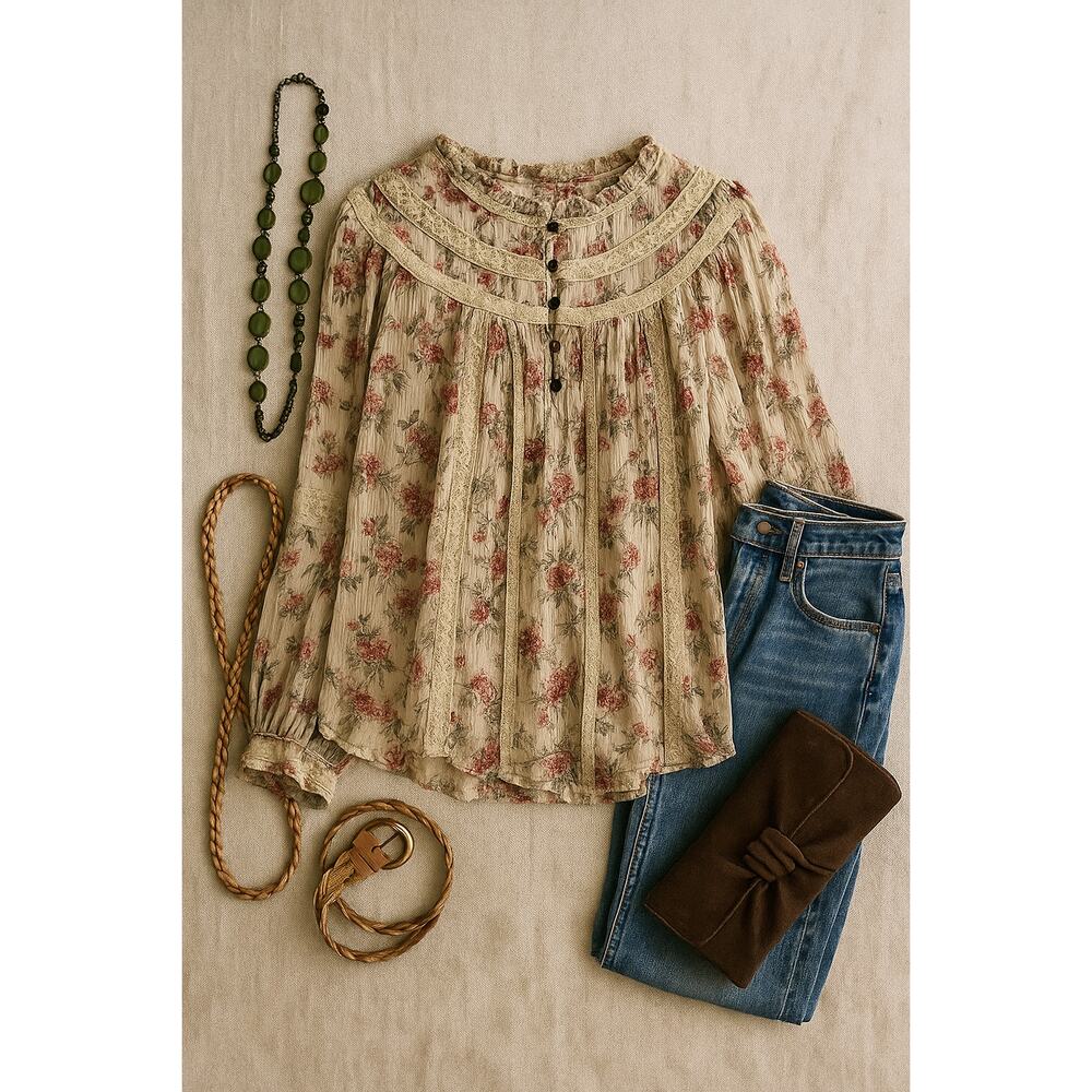Anthropologie Boho Blouse tiny‎ floral crinkle chiffon lace trim poet sleeve S